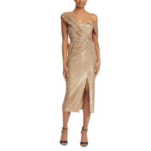 NEW Badgley Mischka Sequin Off-The-Shoulder Cocktail Dress Women's Gold Size 0